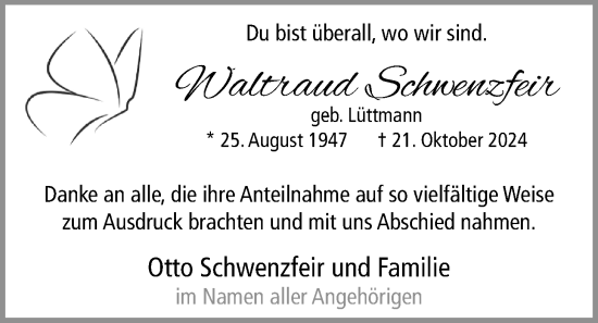 Traueranzeige von Waltraud Schwenzfeir von Nordwest-Zeitung