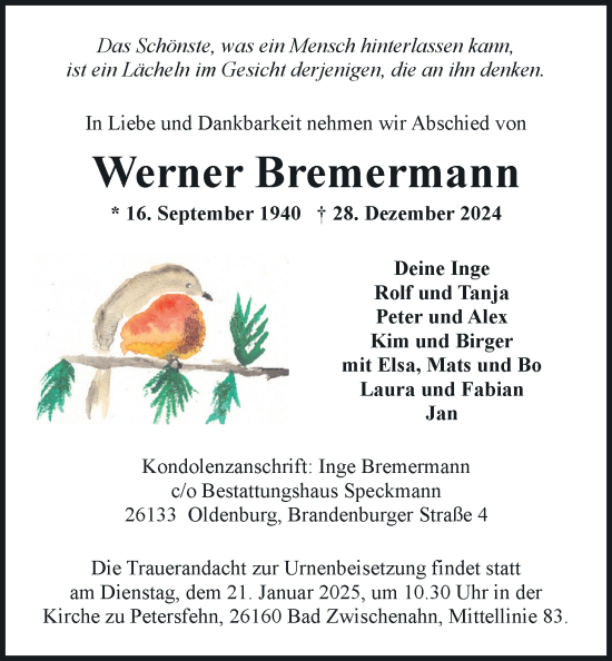 Traueranzeige von Werner Bremermann von Nordwest-Zeitung