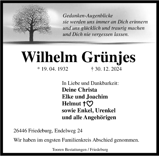 Traueranzeige von Wilhelm Grünjes von WZ/JW/AH