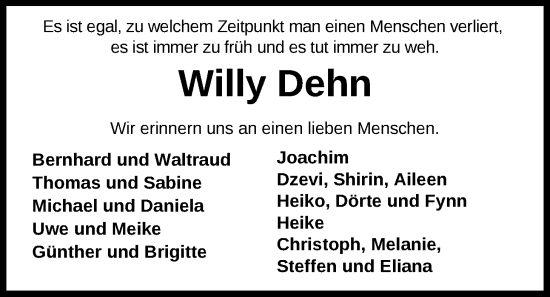 Traueranzeige von Willy Dehn von Nordwest-Zeitung