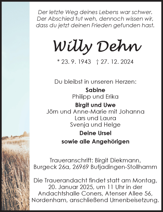 Traueranzeige von Willy Dehn von Nordwest-Zeitung