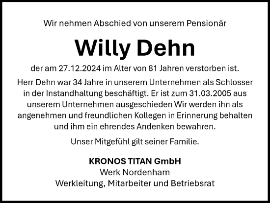 Traueranzeige von Willy Dehn von Nordwest-Zeitung