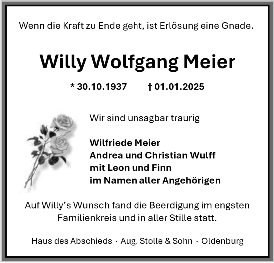 Traueranzeige von Willy Wolfgang Meier von Nordwest-Zeitung