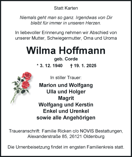 Traueranzeige von Wilma Hoffmann von Nordwest-Zeitung