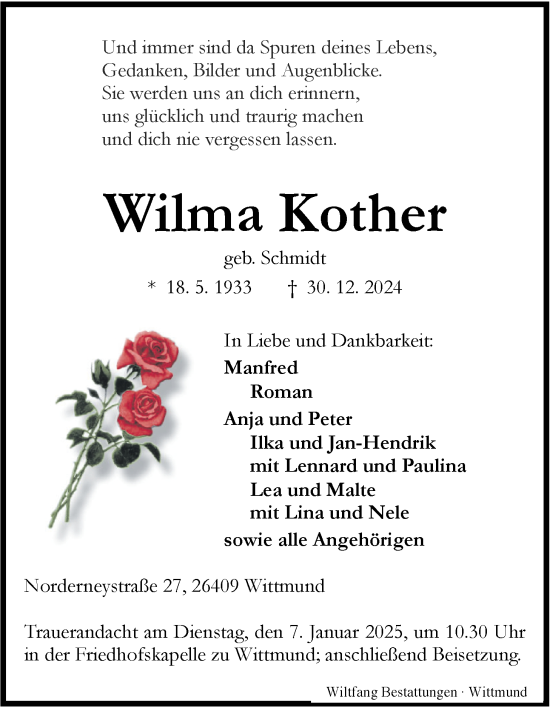 Traueranzeige von Wilma Kother von WZ/JW/AH