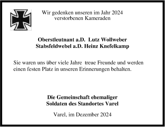 Traueranzeige von Wir gedenken unseren im Jahr 2024 verstorbenen Kameraden  von Nordwest-Zeitung