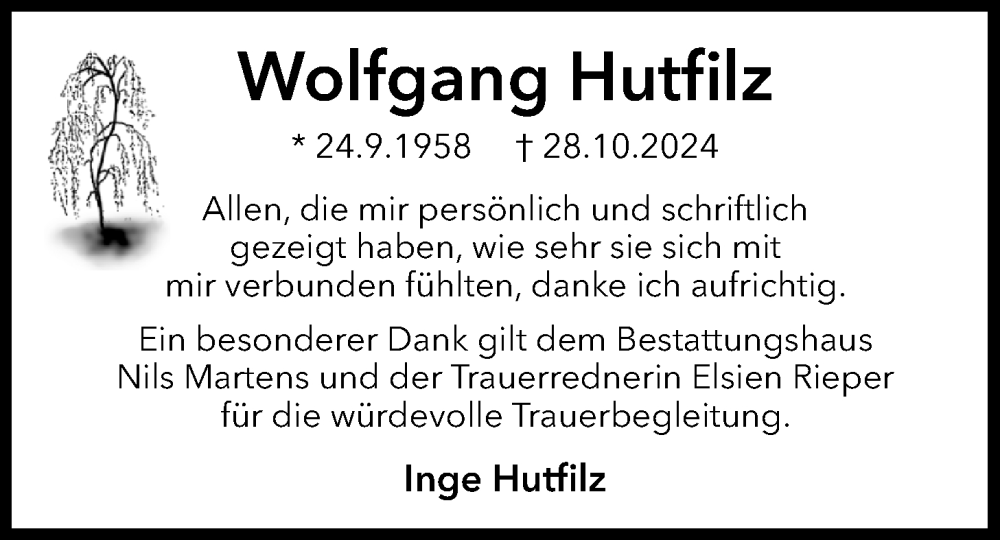  Traueranzeige für Wolfgang Hutfilz vom 25.01.2025 aus Nordwest-Zeitung