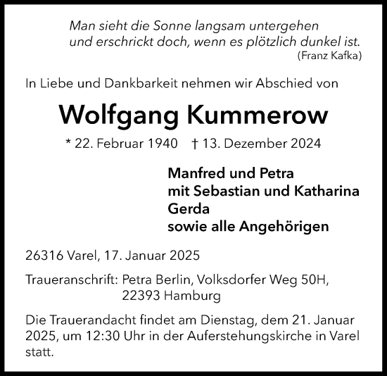 Traueranzeige von Wolfgang Kummerow von Nordwest-Zeitung