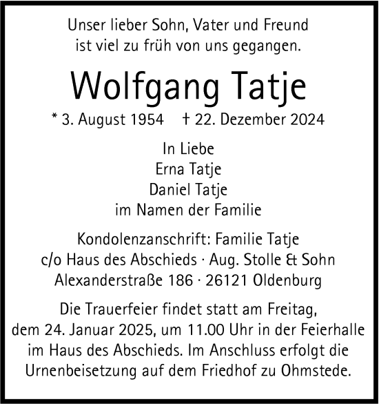 Traueranzeige von Wolfgang Tatje von Nordwest-Zeitung