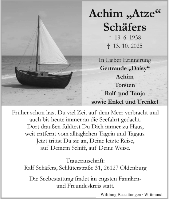 Traueranzeige von Achim Schäfers von WZ/JW/AH