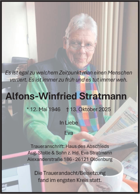 Traueranzeige von Alfons-Winfried Stratmann von Nordwest-Zeitung
