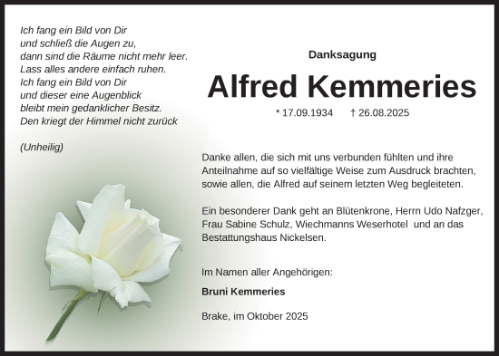 Traueranzeige von Alfred Kemmeries von Nordwest-Zeitung