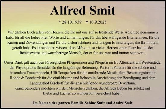 Traueranzeige von Alfred Smit von Nordwest-Zeitung