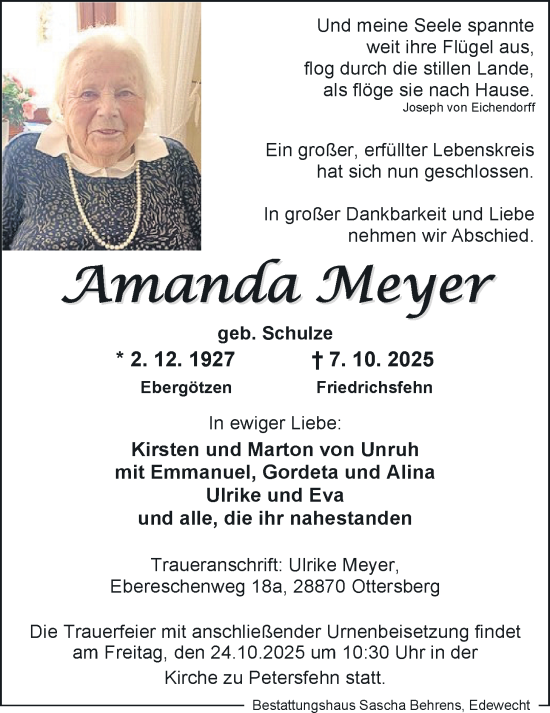 Traueranzeige von Amanda Meyer von WZ/JW/AH