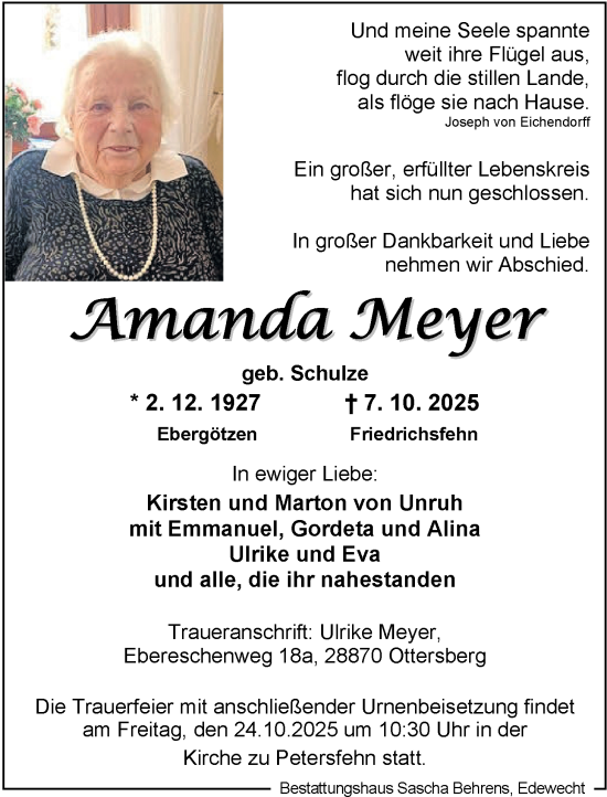 Traueranzeige von Amanda Meyer von Nordwest-Zeitung