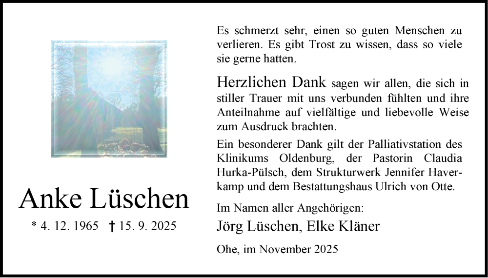  Traueranzeige für Anke Lüschen vom 01.11.2025 aus Nordwest-Zeitung