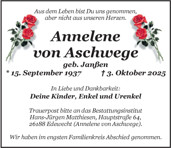Traueranzeige von Annelene von Aschwege von Nordwest-Zeitung