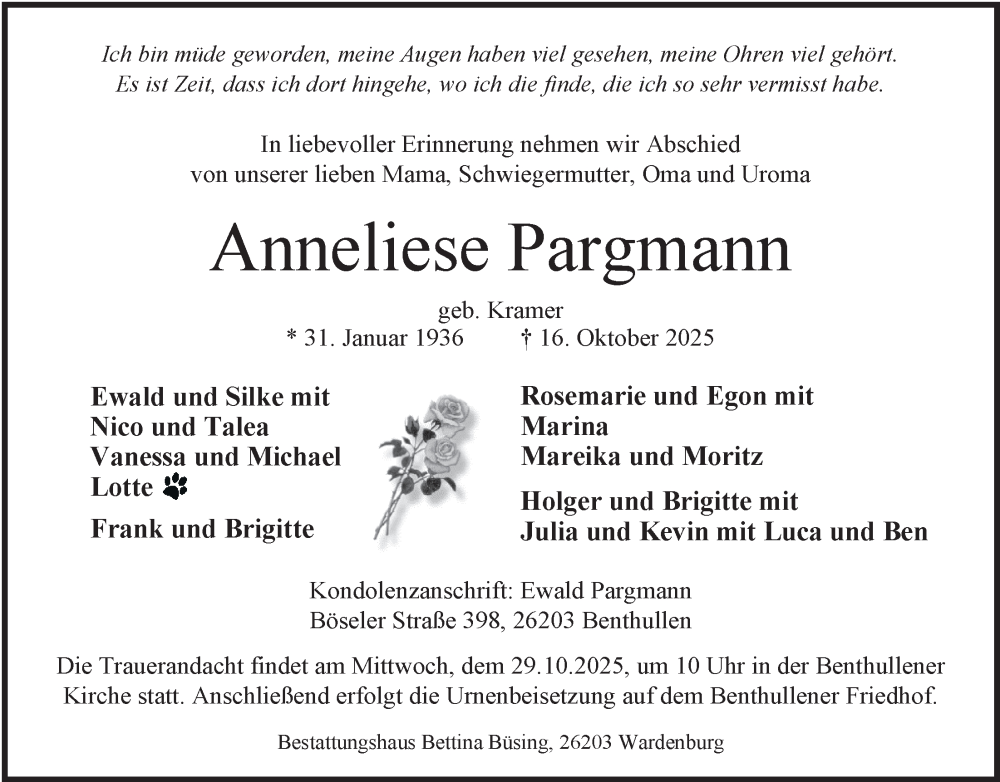  Traueranzeige für Anneliese Pargmann vom 25.10.2025 aus Nordwest-Zeitung