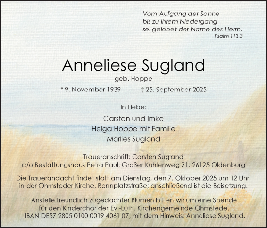Traueranzeige von Anneliese Sugland von Nordwest-Zeitung