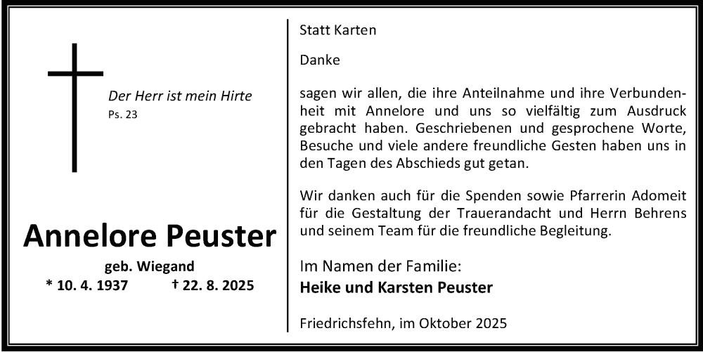  Traueranzeige für Annelore Peuster vom 18.10.2025 aus Nordwest-Zeitung