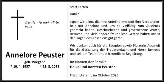 Traueranzeige von Annelore Peuster von Nordwest-Zeitung
