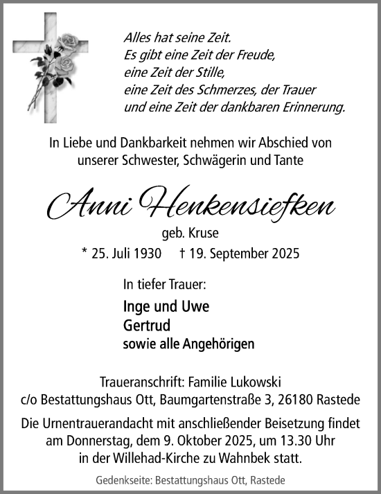 Traueranzeige von Anni Henkensiefken von Nordwest-Zeitung