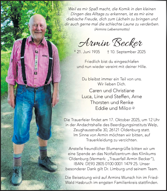 Traueranzeige von Armin Becker von Nordwest-Zeitung