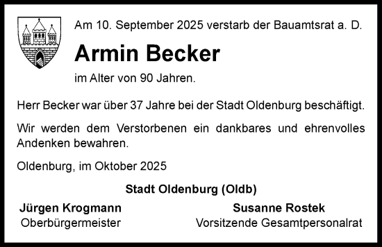 Traueranzeige von Armin Becker von Nordwest-Zeitung