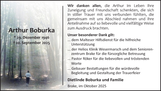 Traueranzeige von Arthur Boburka von Nordwest-Zeitung