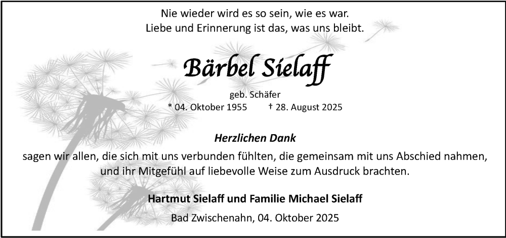  Traueranzeige für Bärbel Sielaff vom 04.10.2025 aus Nordwest-Zeitung