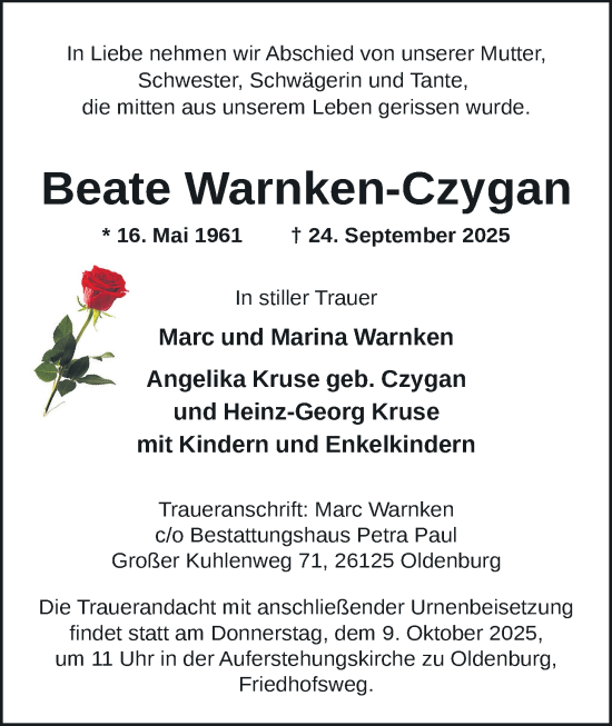 Traueranzeige von Beate Warnken-Czygan von Nordwest-Zeitung