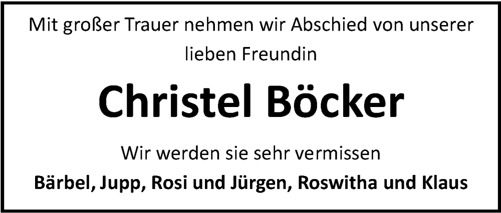  Traueranzeige für Christel Böcker vom 18.10.2025 aus Nordwest-Zeitung