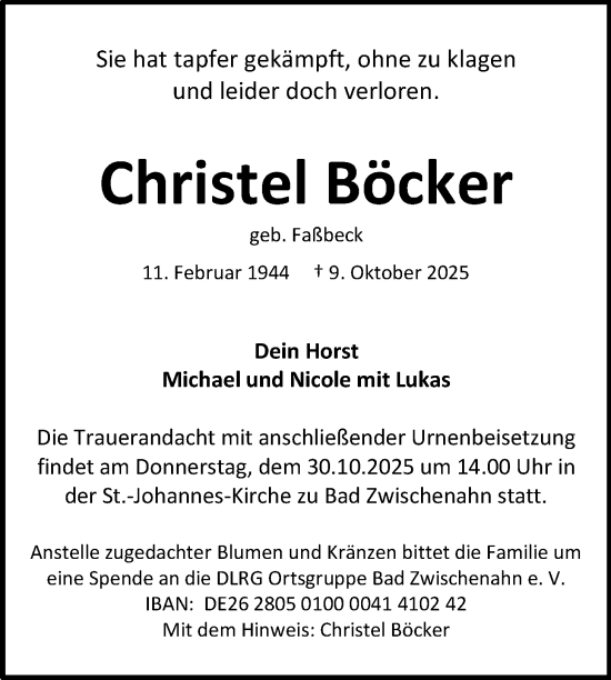 Traueranzeige von Christel Böcker von Nordwest-Zeitung