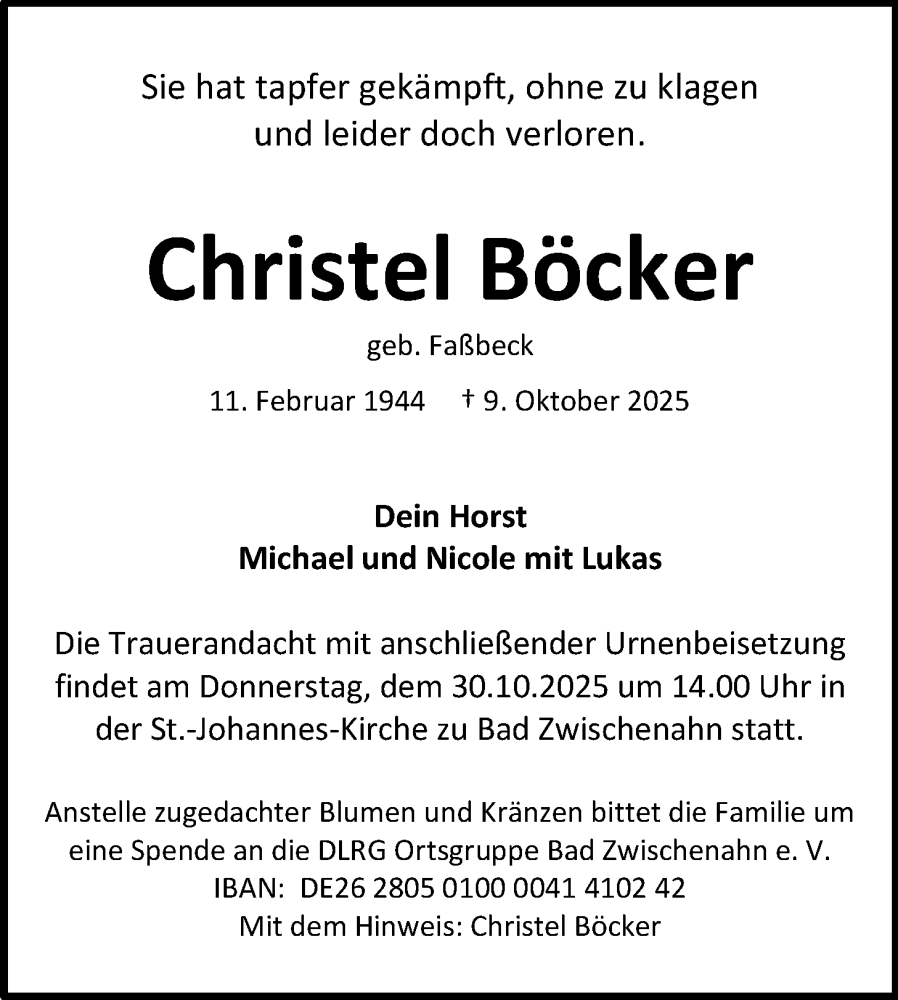 Traueranzeige für Christel Böcker vom 18.10.2025 aus Nordwest-Zeitung