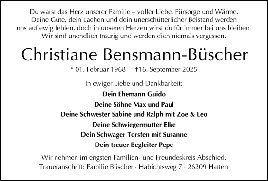 Traueranzeige von Christiane Bensmann-Büscher von Nordwest-Zeitung