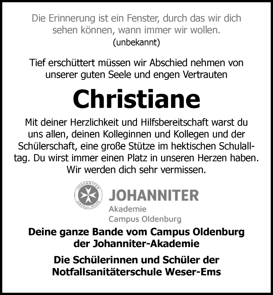  Traueranzeige für Christiane Bensmann-Büscher vom 04.10.2025 aus Nordwest-Zeitung