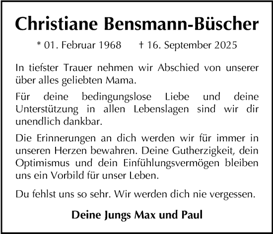Traueranzeige von Christiane Bensmann-Büscher von Nordwest-Zeitung