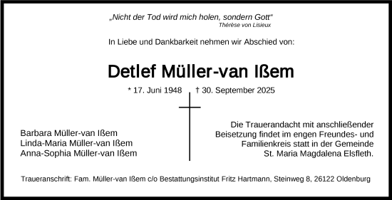 Traueranzeige von Detlef Müller-van Ißem von Nordwest-Zeitung
