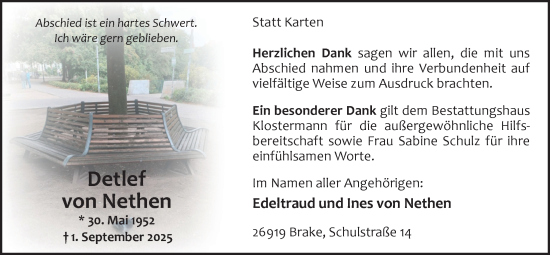 Traueranzeige von Detlef von Nethen von Nordwest-Zeitung