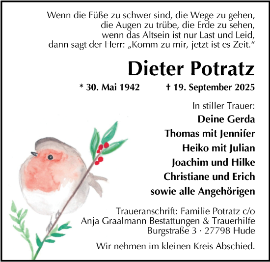 Traueranzeige von Dieter Potratz von Nordwest-Zeitung
