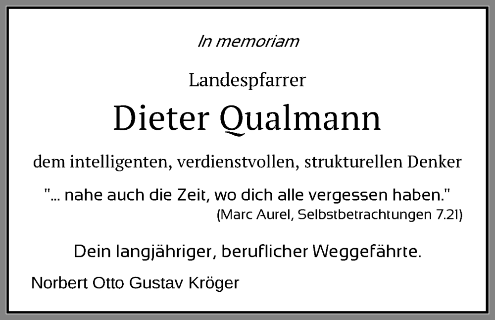  Traueranzeige für Dieter Qualmann vom 27.10.2025 aus Nordwest-Zeitung