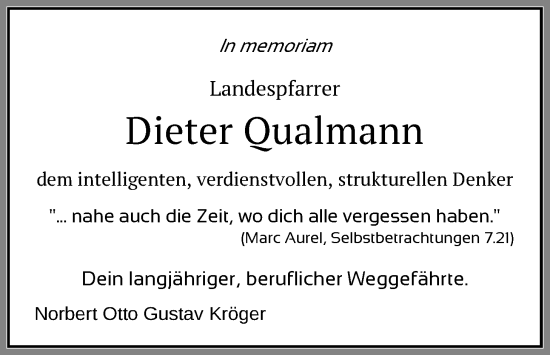 Traueranzeige von Dieter Qualmann von Nordwest-Zeitung