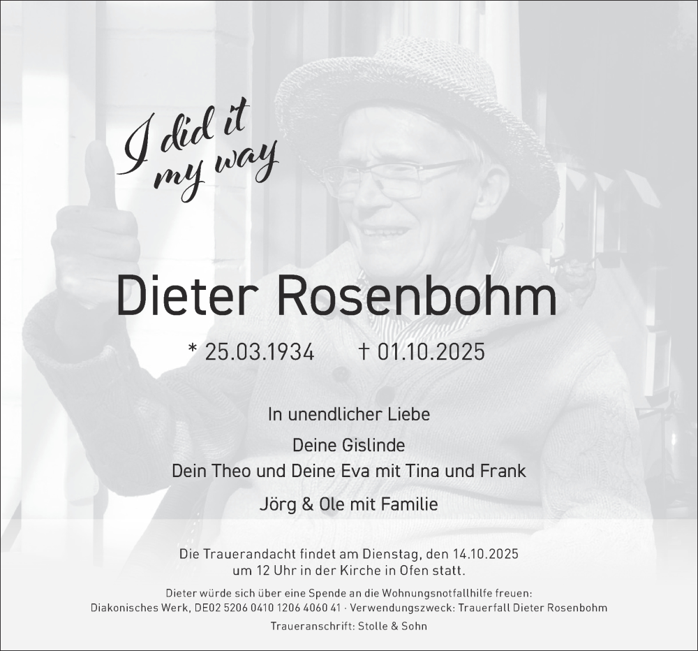  Traueranzeige für Dieter Rosenbohm vom 11.10.2025 aus Nordwest-Zeitung