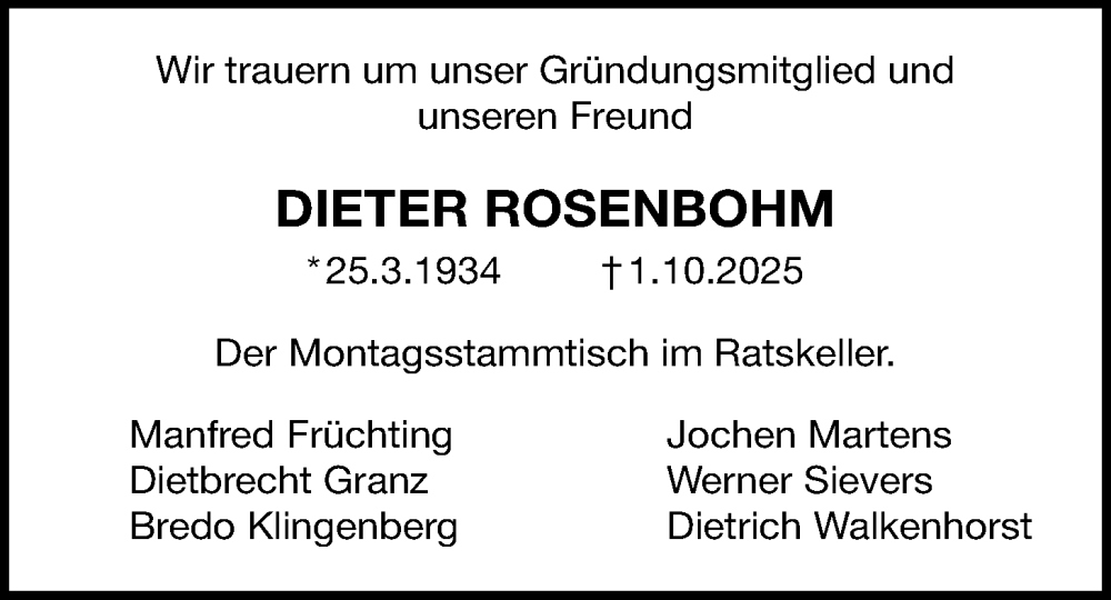 Traueranzeige für Dieter Rosenbohm vom 11.10.2025 aus Nordwest-Zeitung