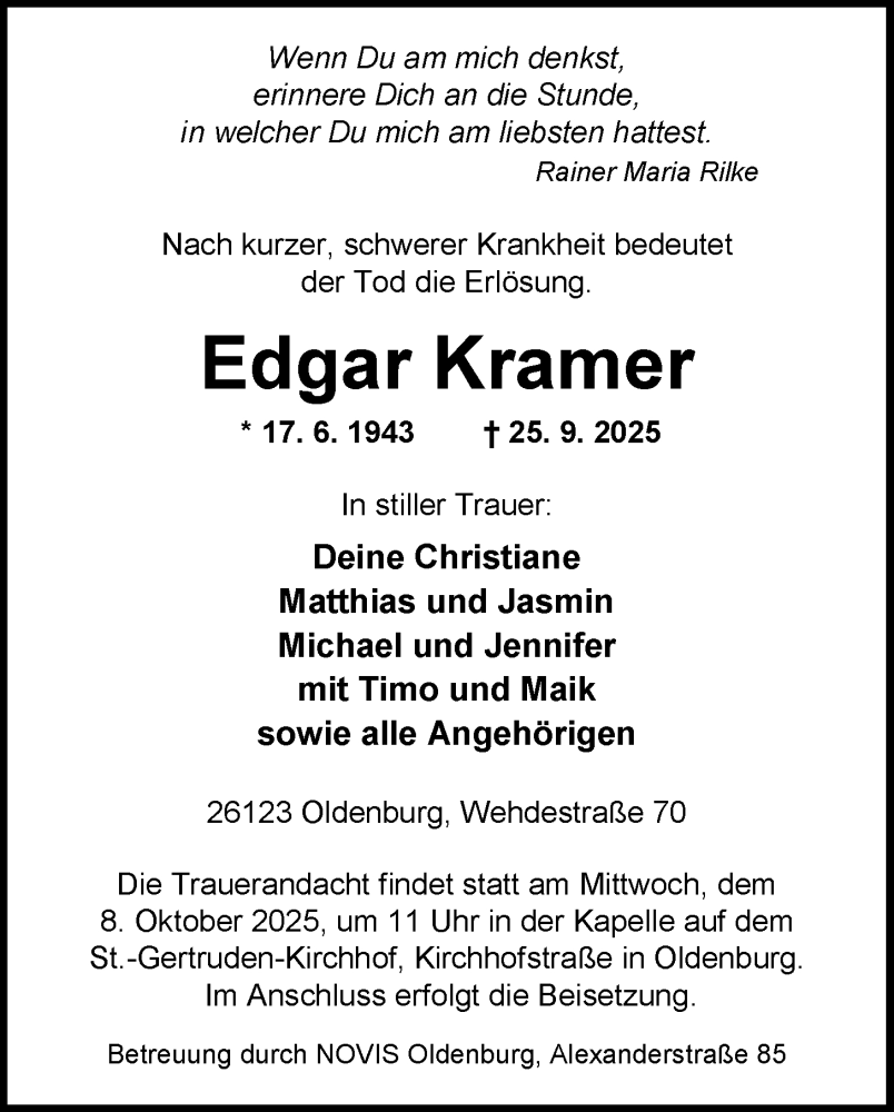  Traueranzeige für Edgar Kramer vom 04.10.2025 aus Nordwest-Zeitung