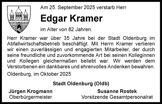 Traueranzeige von Edgar Kramer von Nordwest-Zeitung