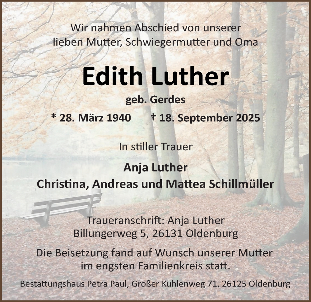  Traueranzeige für Edith Luther vom 18.10.2025 aus Nordwest-Zeitung