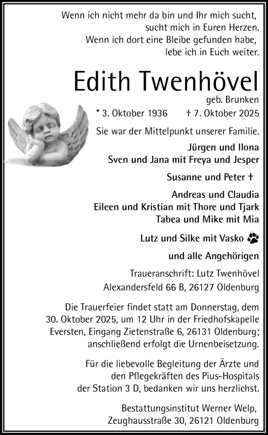 Traueranzeige von Edith Twenhövel von Nordwest-Zeitung