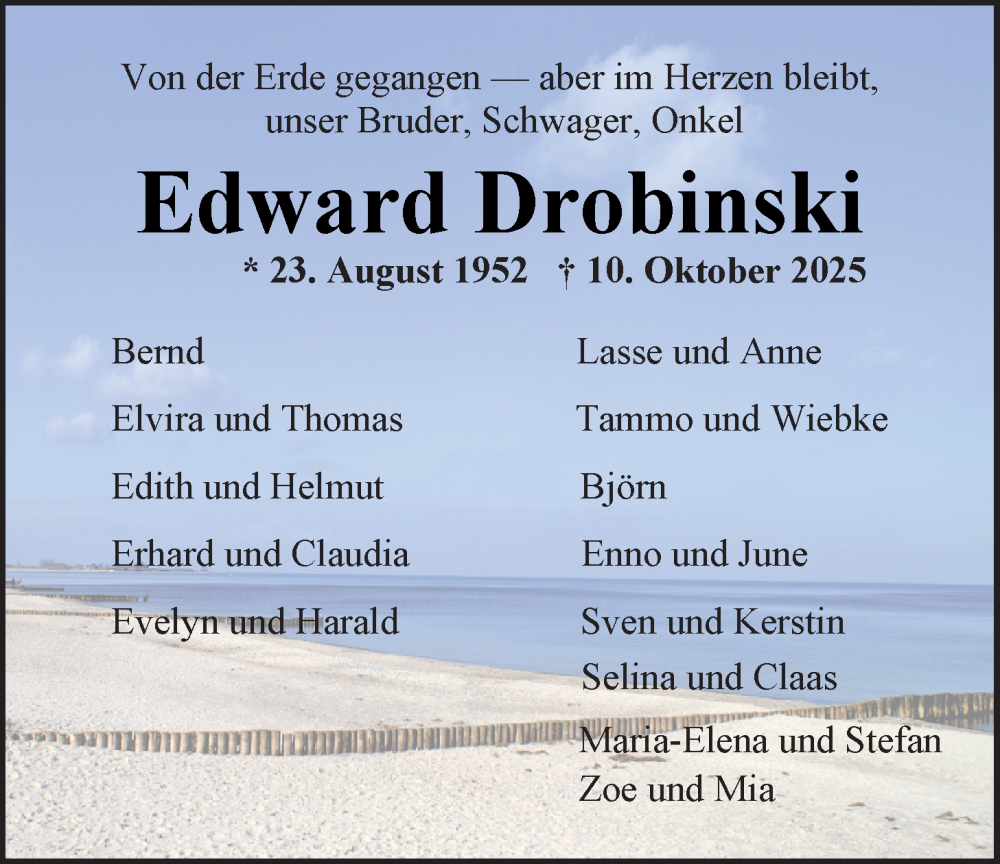  Traueranzeige für Edward Drobinski vom 18.10.2025 aus Nordwest-Zeitung