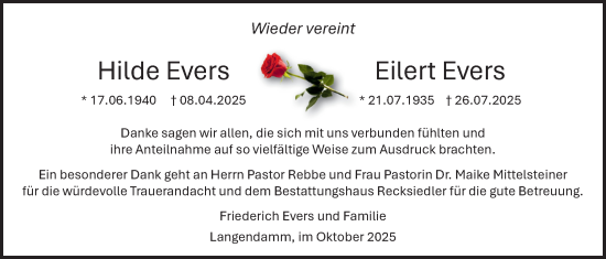Traueranzeige von Eilert Evers von Nordwest-Zeitung